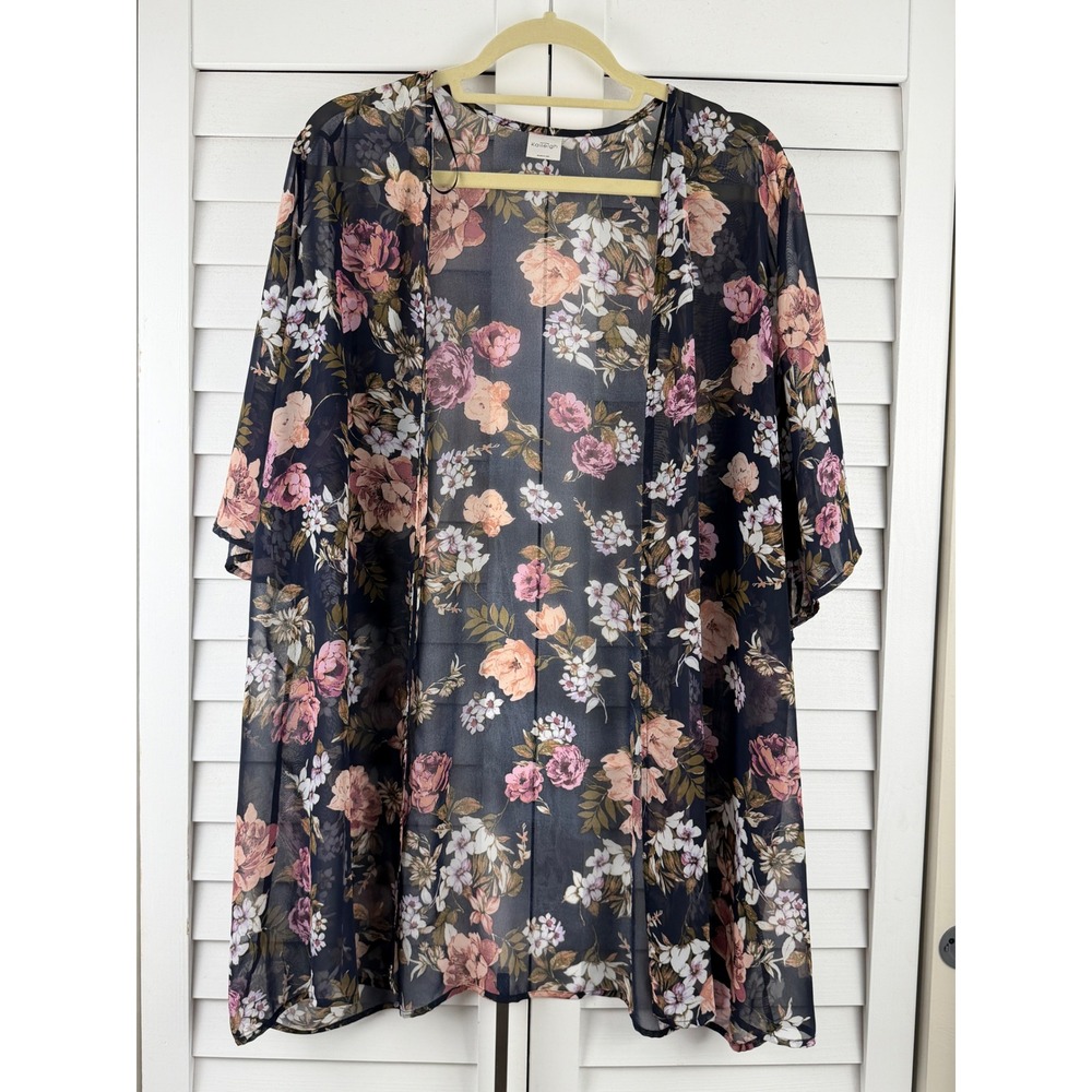 Kaileigh Kimono XL Navy Blue Floral Sheer Chiffon Open‎ Front Layering Wrap